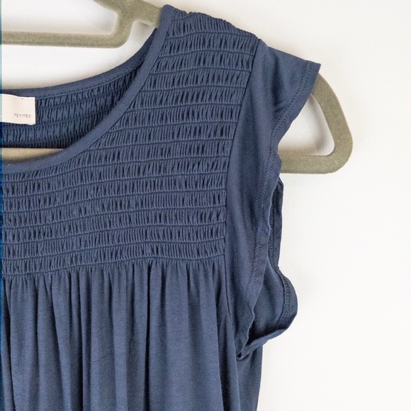 Loft Womens Smocked Tunic Top Size S Petite Flutter Sleeve Blue Summer Boho - Picture 4 of 7